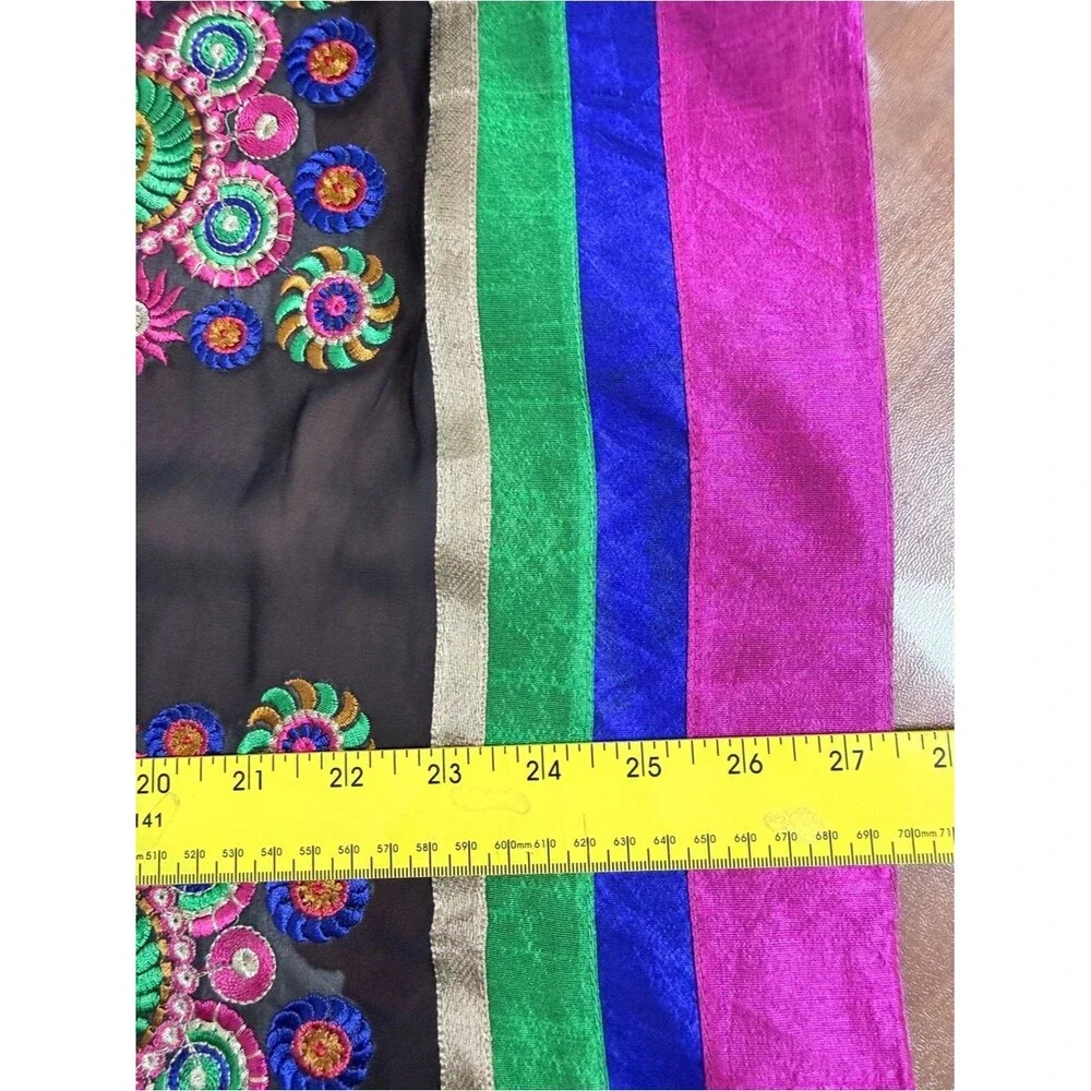 Black Silk Sheer Embroidered Scarf Pink Blue Green 27x78
